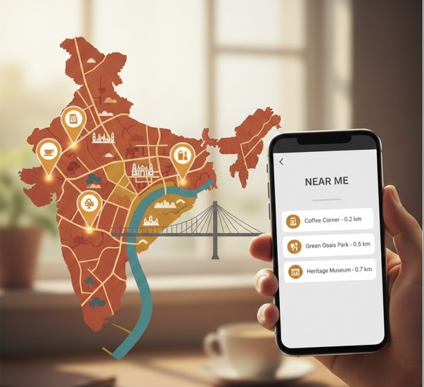 Local SEO in Kolkata map with near me search results and location pins for businesses