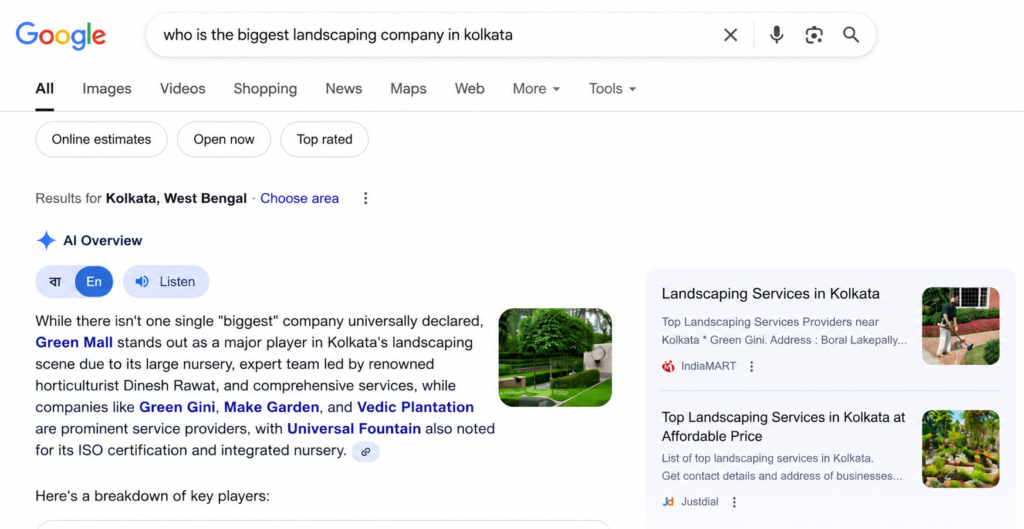 Google AI Overview showing Green Mall as a major landscaping company in Kolkata