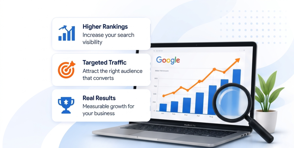 SEO benefits including higher rankings, targeted traffic and real business growth